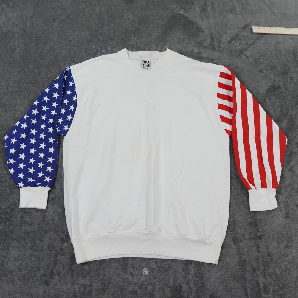 VTG LA Sportswear USA Flag Stars Stripe Sweatshirt Adult L White Patriotic Skate